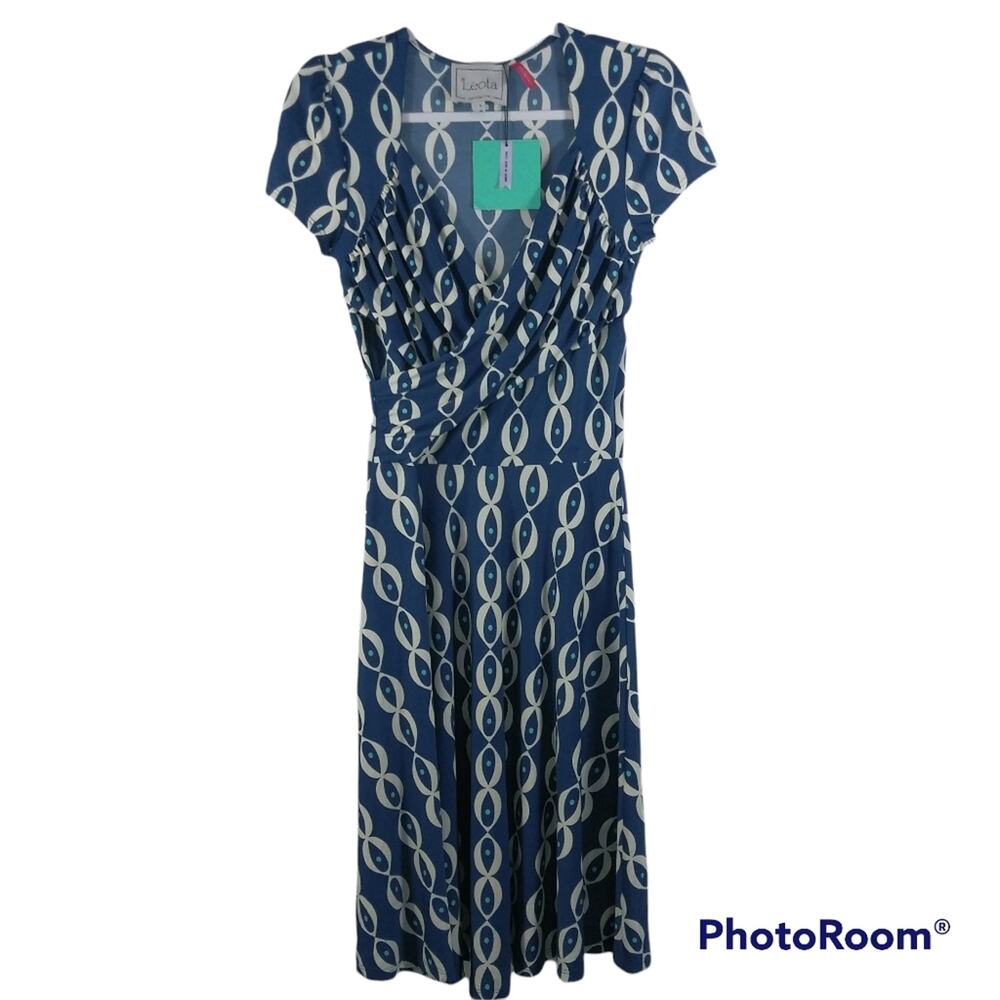 Leota Compass Rose Blue Faux Wrap Short Sleeve Dress S